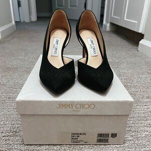 Jimmy Choo Sofia 85 Pumps – Black Fine Glitter Leather – EU 37.5